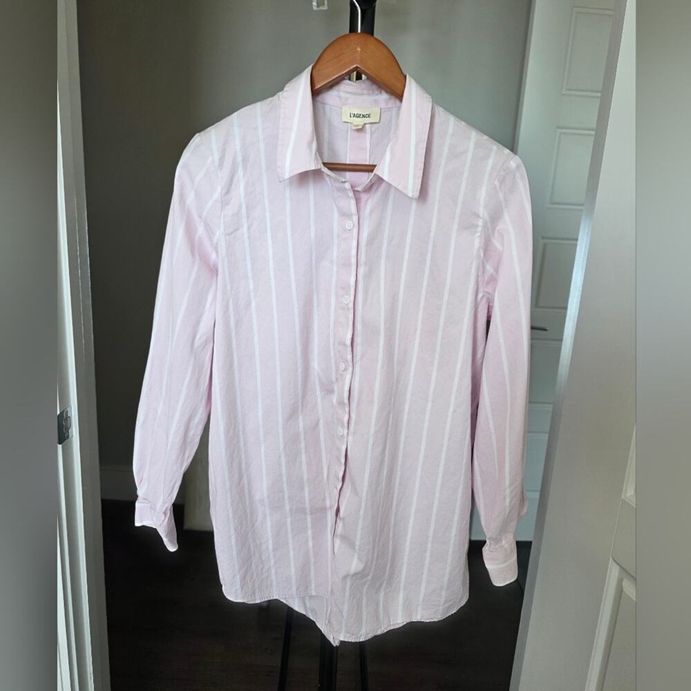 L'AGENCE Pink & White Striped Layla Tunic Blouse Size L - Picture 5 of 7